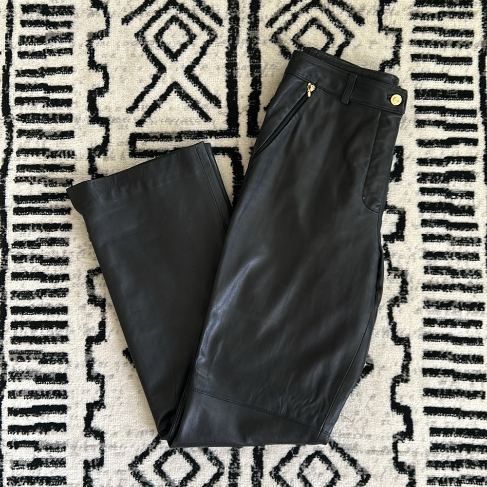 St. John Sport By Marie Gray Black Leather Straight Leg Lined Pants Size 8